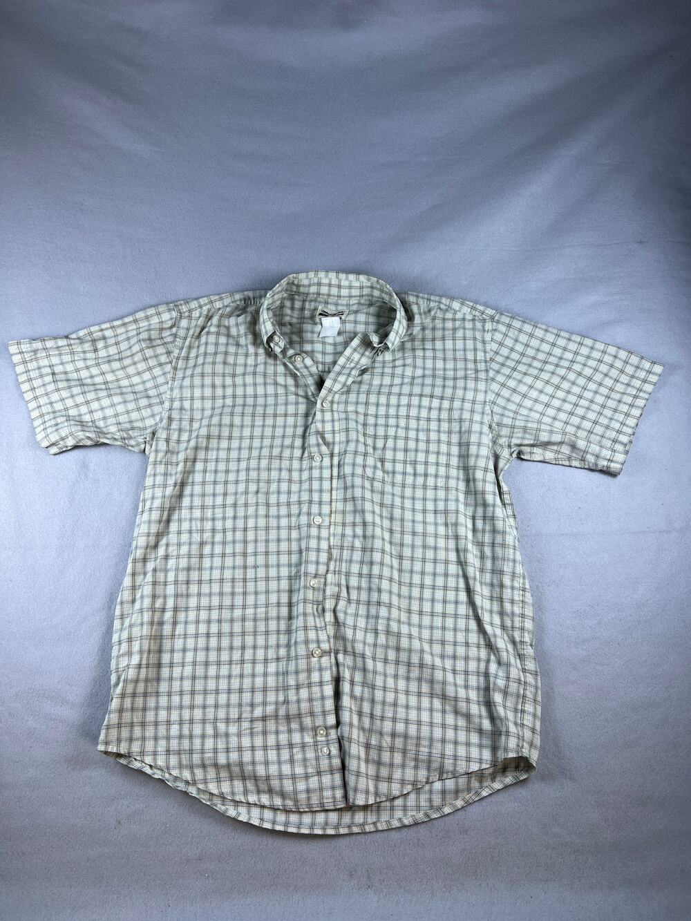 Vintage Wrangler Riata Shirt Mens XL Beige Short Sleeve Button Down Plaid Work